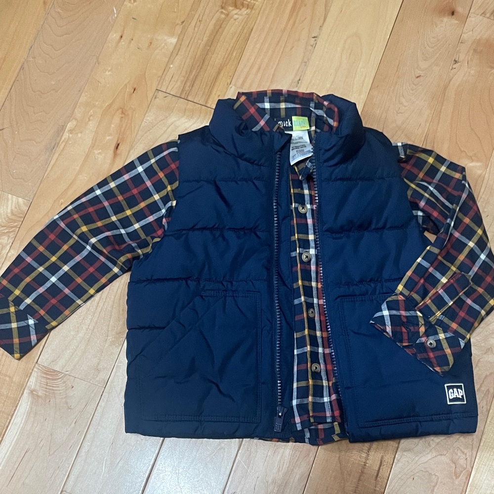 GAP Quilted Puffer Vest with Mick Mack Plaid Button-Up, boys 2T/24 months